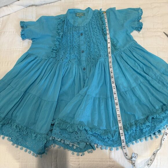 Antica Sartoria By Giacomo Cinque Blouse Size 12 Blue Lace Pom Poms Ruffle Swing - Picture 13 of 14